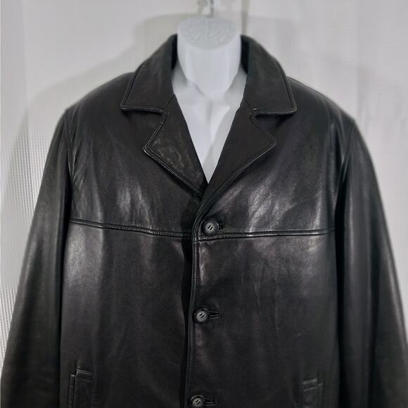GUESS! STUNNING HOT BLACK GENUINE LEATHER STADIUM LENGTH COAT, JACKET! SZ L - Picture 5 of 12